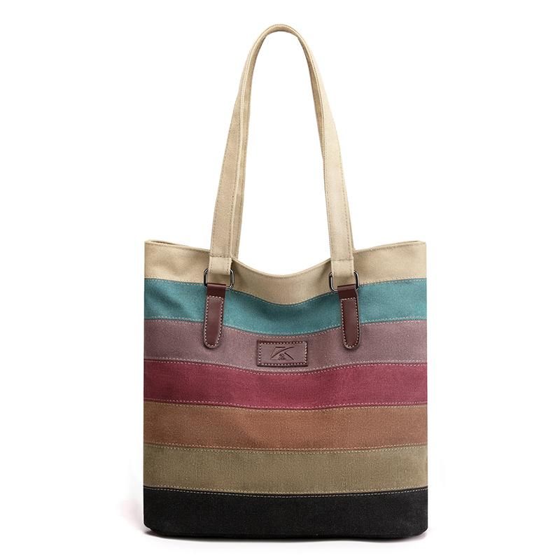 Kvinder Canvas Retro Fashion Farverig Stripe Skuldertaske