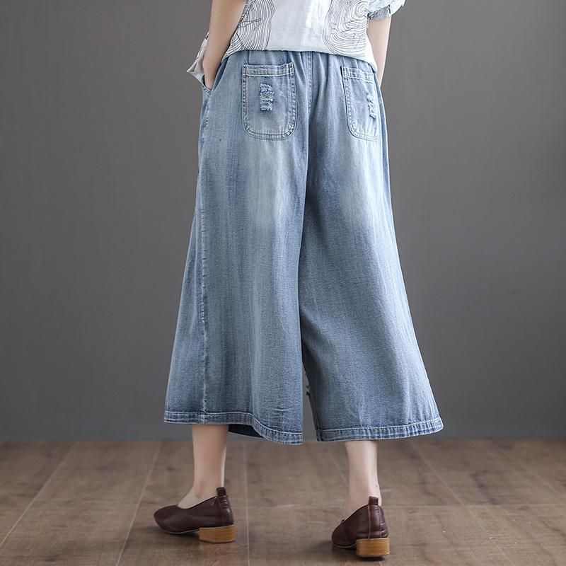 Autumn Vintage Broderede Washed Holes Cropped Denim Bukser