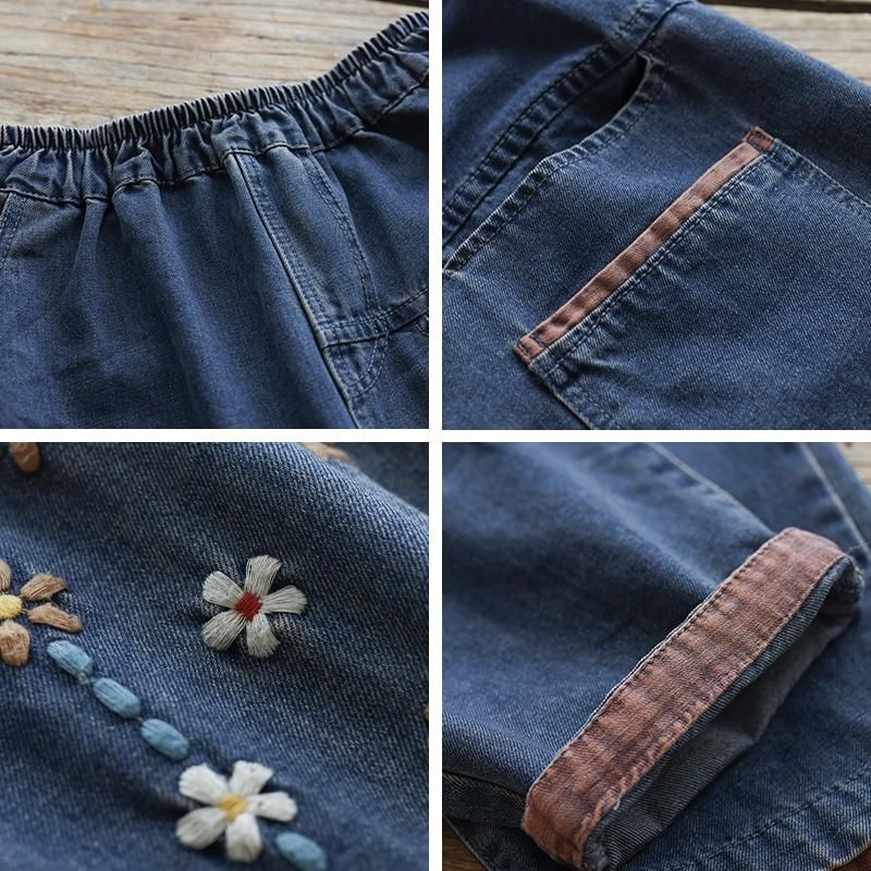 Blomsterbroderi Løse Retro Casual Denimbukser I Bomuld