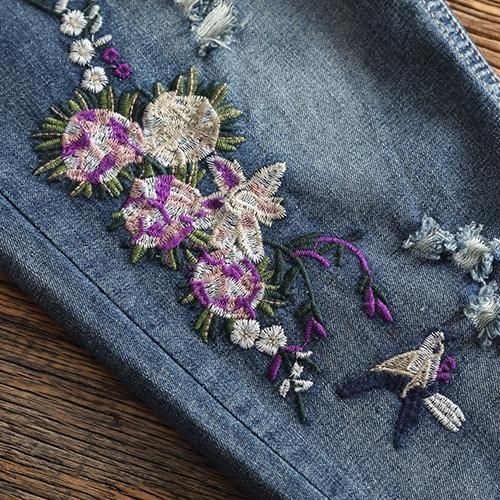 Etnisk Elastisk Talje Broderede Blomsterjeans