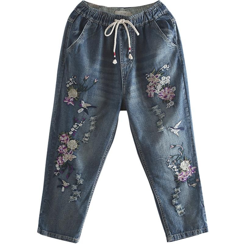 Etnisk Elastisk Talje Broderede Blomsterjeans