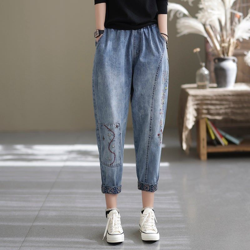 Forår Casual Løs Retro Splejsning Broderi Harem Jeans