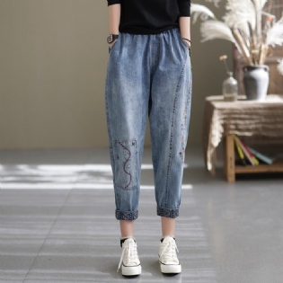 Forår Casual Løs Retro Splejsning Broderi Harem Jeans