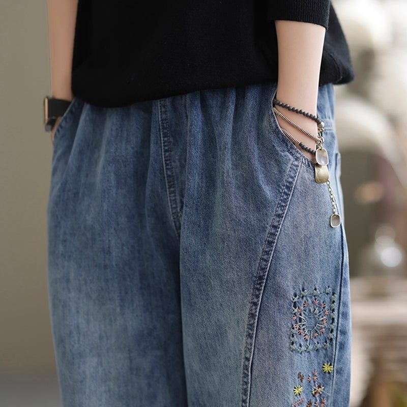 Forår Casual Løs Retro Splejsning Broderi Harem Jeans