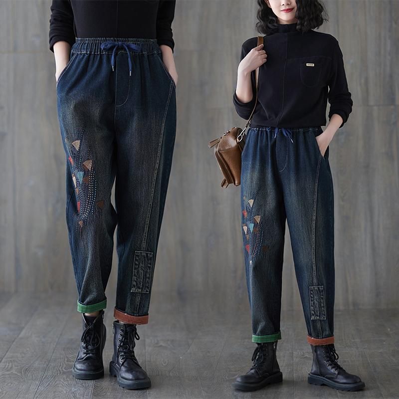 Forår Efterår Retro Casual Broderi Bomuldsjeans