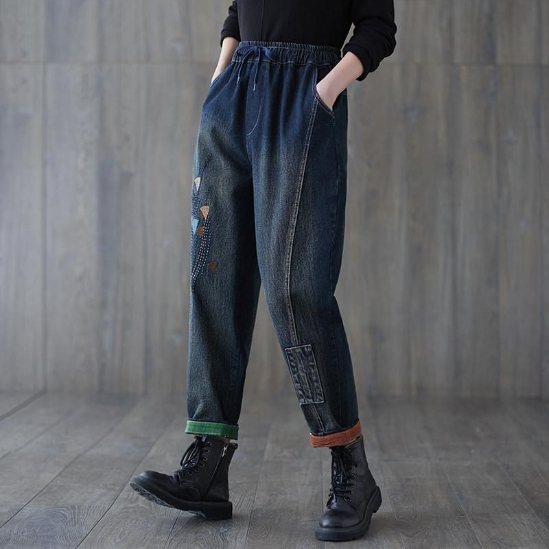 Forår Efterår Retro Casual Broderi Bomuldsjeans