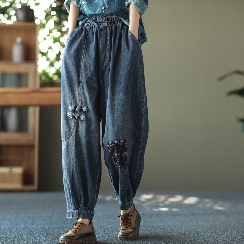 Forår Kvinder Retro Broderi Løse Bomuldsjeans