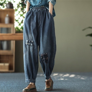 Forår Kvinder Retro Broderi Løse Bomuldsjeans