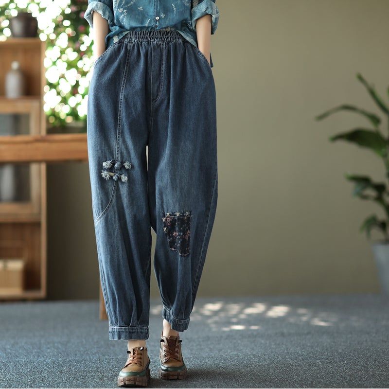 Forår Kvinder Retro Broderi Løse Bomuldsjeans