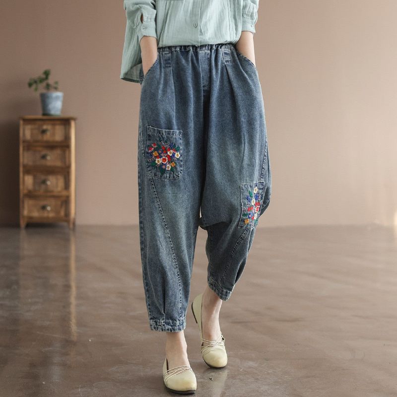 Forår Retro Blomsterbroderi Harem Jeans