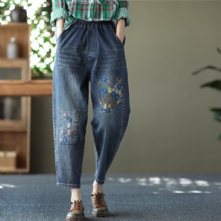 Forår Retro Broderi Løse Casual Bomuld Jeans