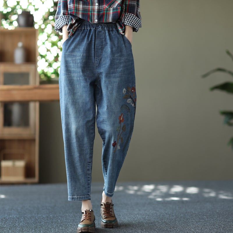 Forår Retro Broderi Løse Casual Bomuld Jeans