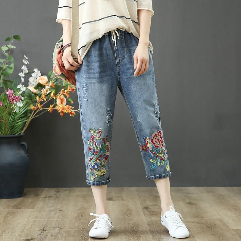 Forår Sommer Broderi Retro Løse Jeans