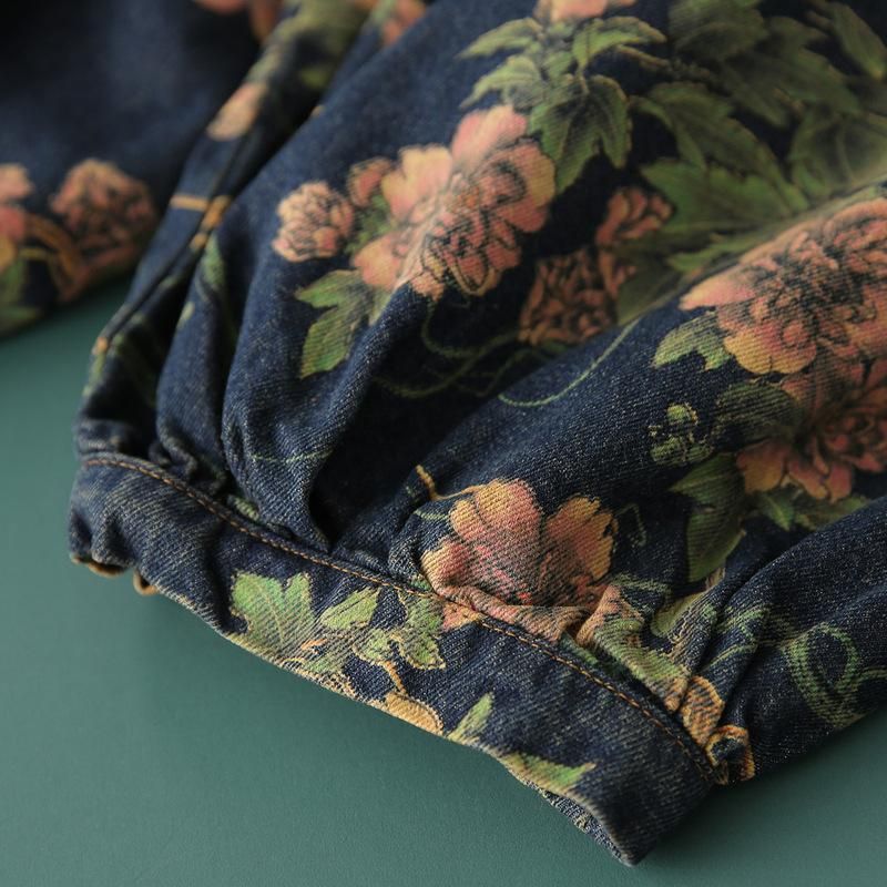 Kvinder Retro Blomsterprint Bomuld Denim Bukser