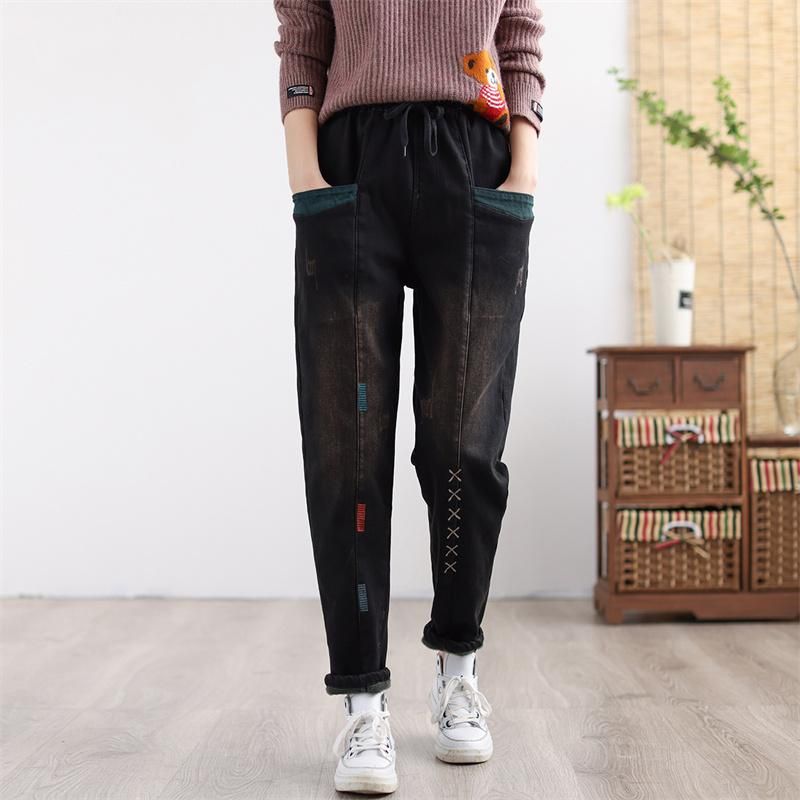 Kvinder Vinter Thicken Retro Broderet Patchwork Elastiske Jeans