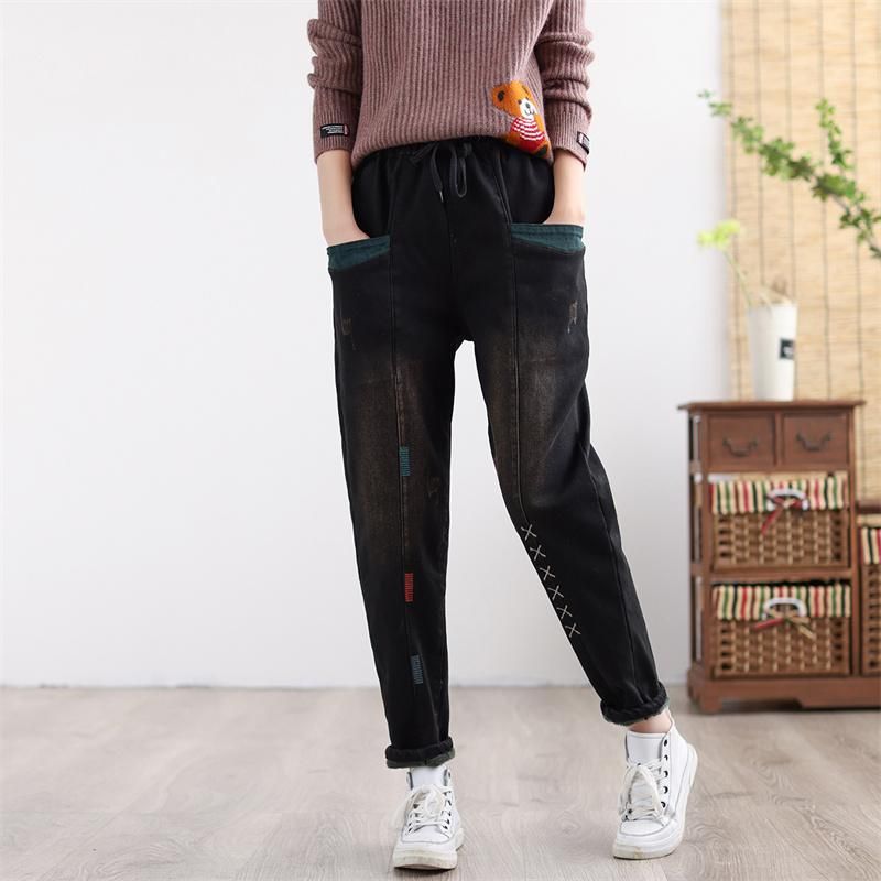 Kvinder Vinter Thicken Retro Broderet Patchwork Elastiske Jeans