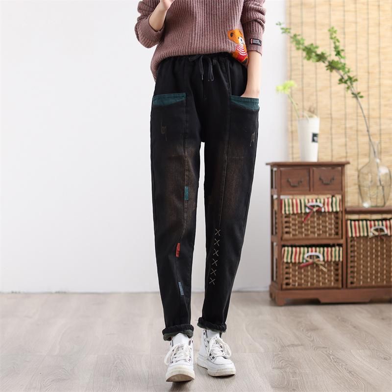 Kvinder Vinter Thicken Retro Broderet Patchwork Elastiske Jeans