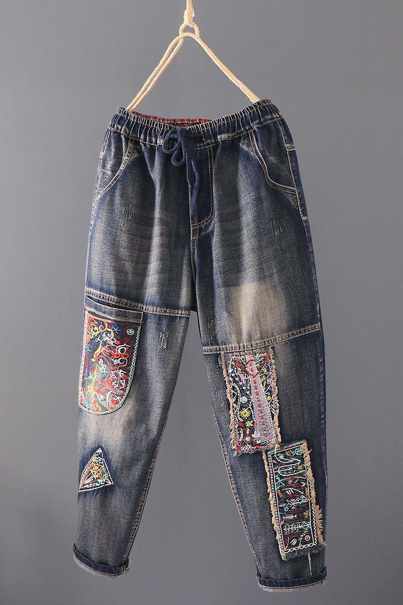 Patch Retro Løse Casual Lige Denimbukser