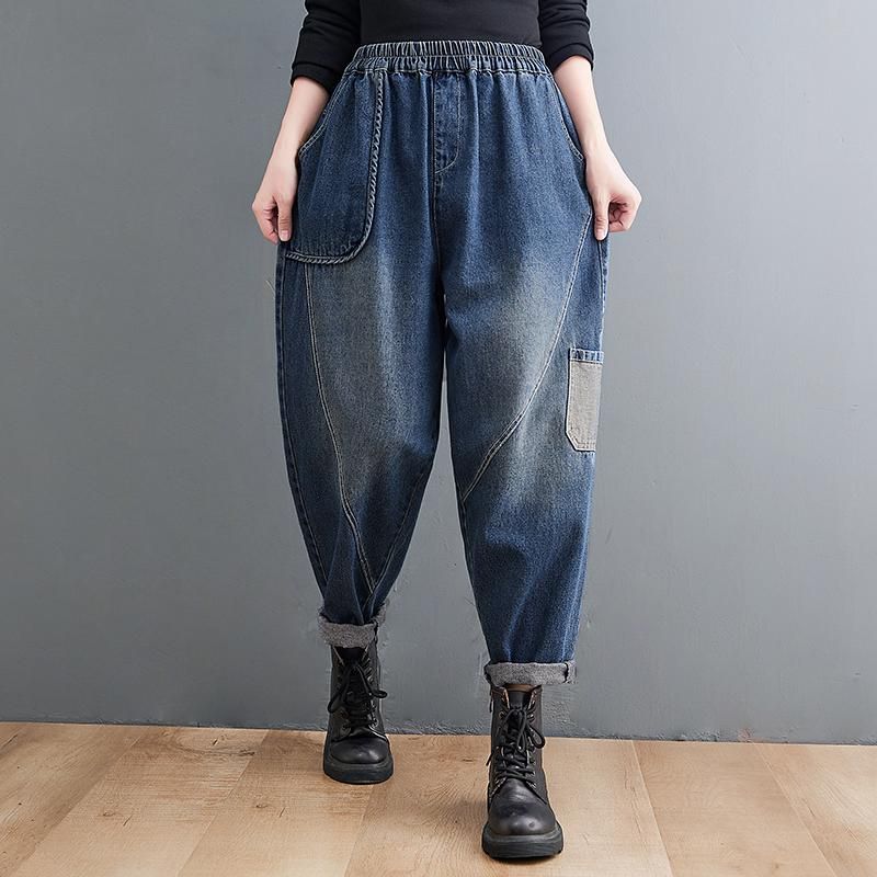 Plus Size Løs Efterår Elastisk Talje Denim Harem Jeans