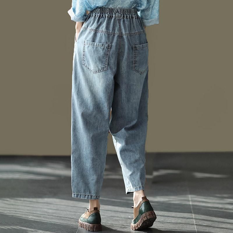 Retro Broderede Løse Harem Denimbukser