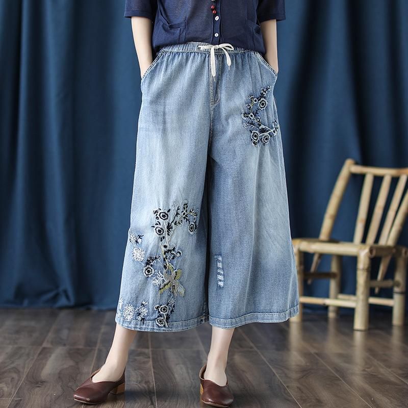 Retro Jeans Broderede Cropped Wide-leg Bukser