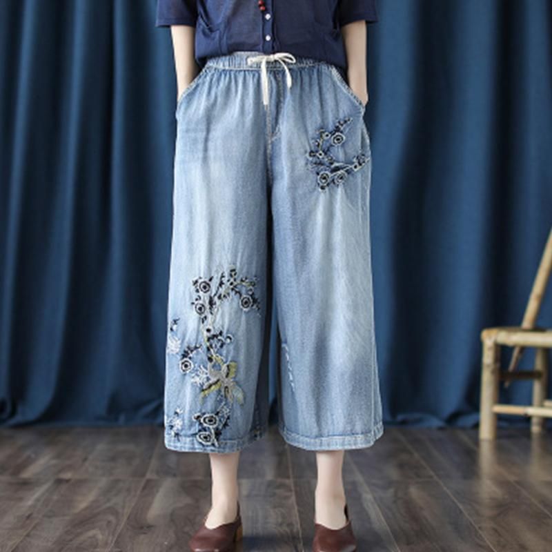 Retro Jeans Broderede Cropped Wide-leg Bukser