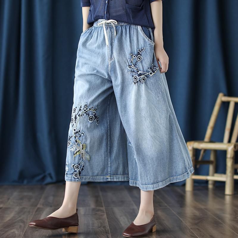 Retro Jeans Broderede Cropped Wide-leg Bukser