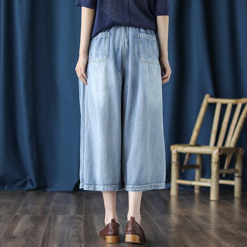 Retro Jeans Broderede Cropped Wide-leg Bukser