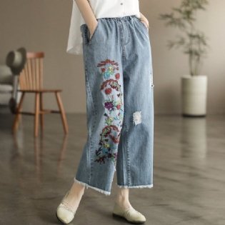 Sommer Retro Blomsterbroderi Bomuld Jeans Med Brede Ben