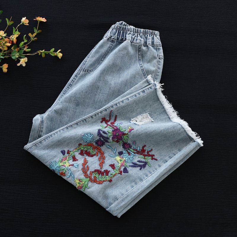 Sommer Retro Blomsterbroderi Bomuld Jeans Med Brede Ben