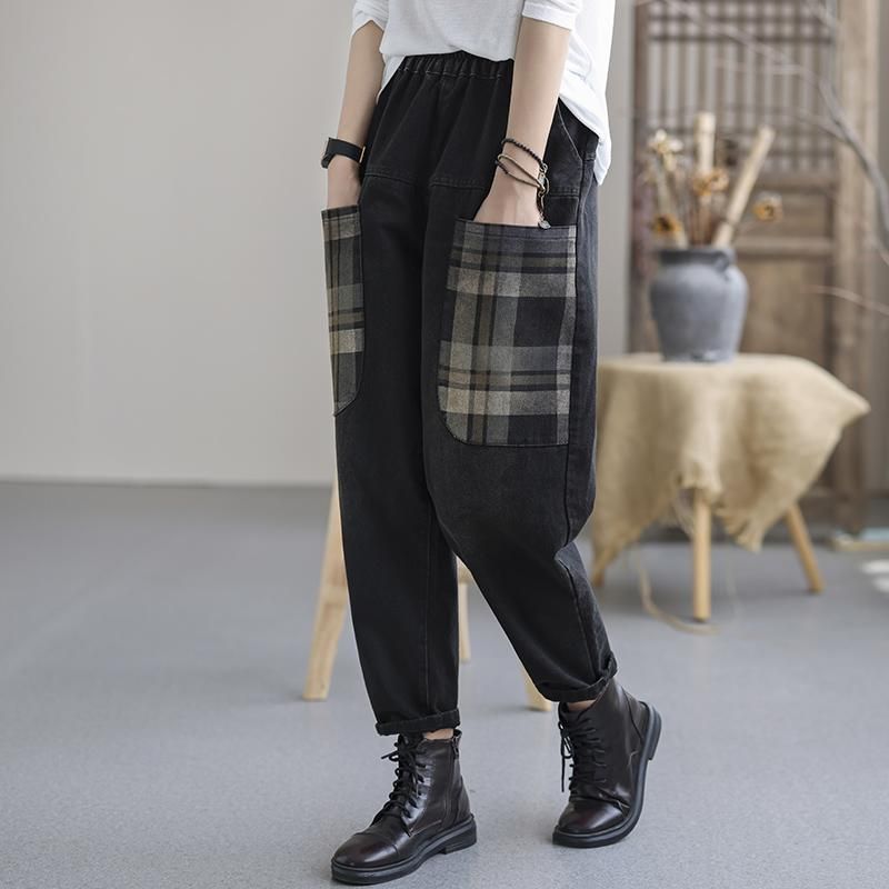 Vintage Autumn Plaid Lommer Casual Bomuld Denim Bukser