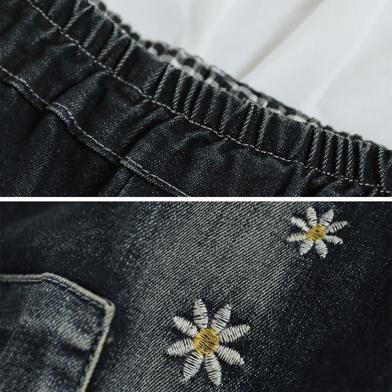 Vintage Blomsterbroderi Løse Denimbukser I Bomuld