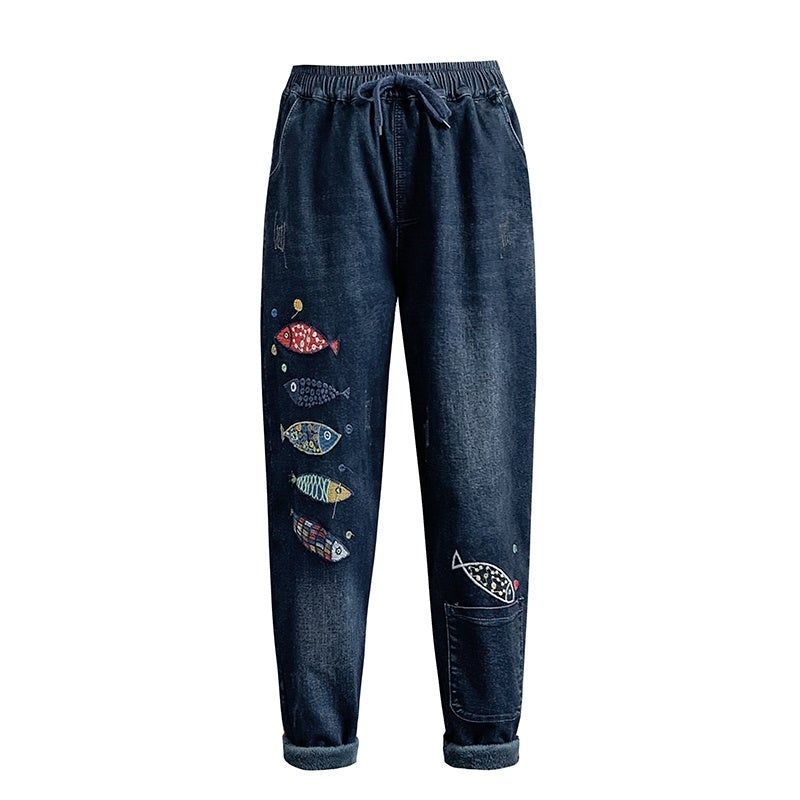 Vinter Kvinder Plys Retro Broderi Casual Jeans