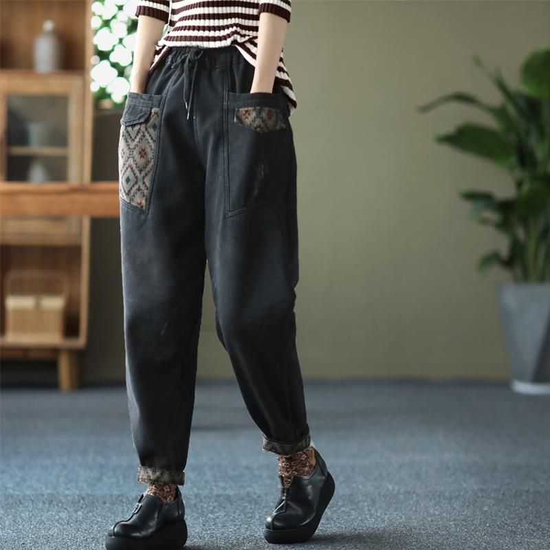 Winter Plys Patchwork Retro Casual Harem Jeans