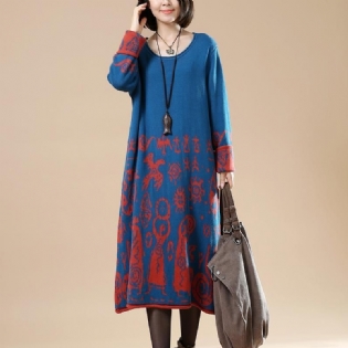 Autumn Plus Size Rundhalset Retro Print Sweater Dress