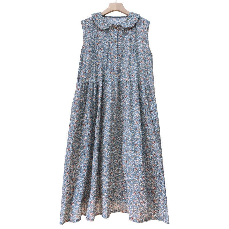 Bomuld Linned Summer Vintage Ærmeløs Floral Plisseret Kjole