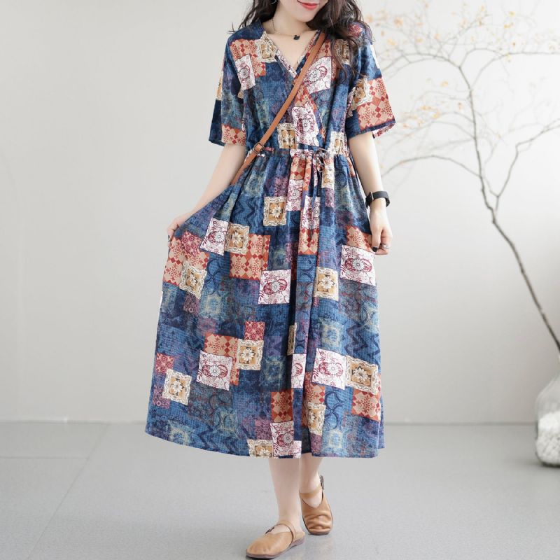 Casual Løs Retro Patchwork Sommerkjole I Bomuld