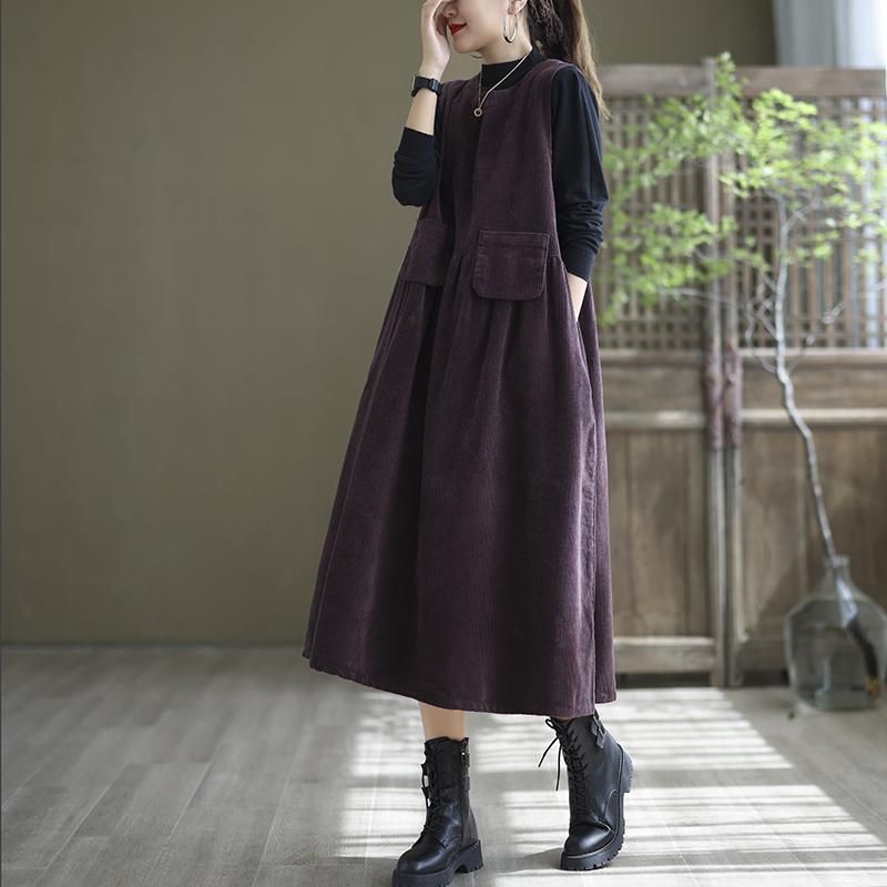 Corduroy Autumn Plus Size Løs Ærmeløs Kjole