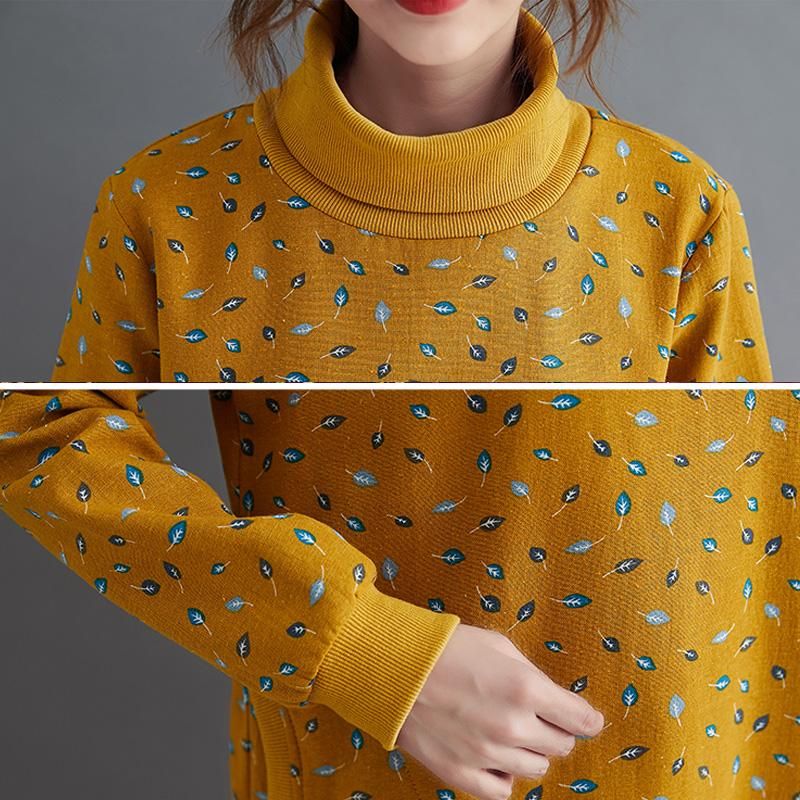 Efterår Vinter Retro Print Turtleneck Plys Kjole