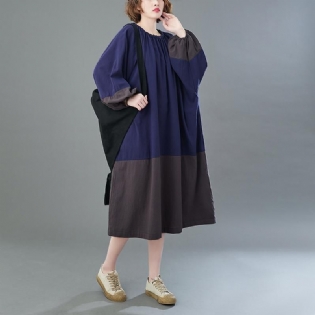 Forår Efterår Patchwork Casual Løs Plus Size Kjole