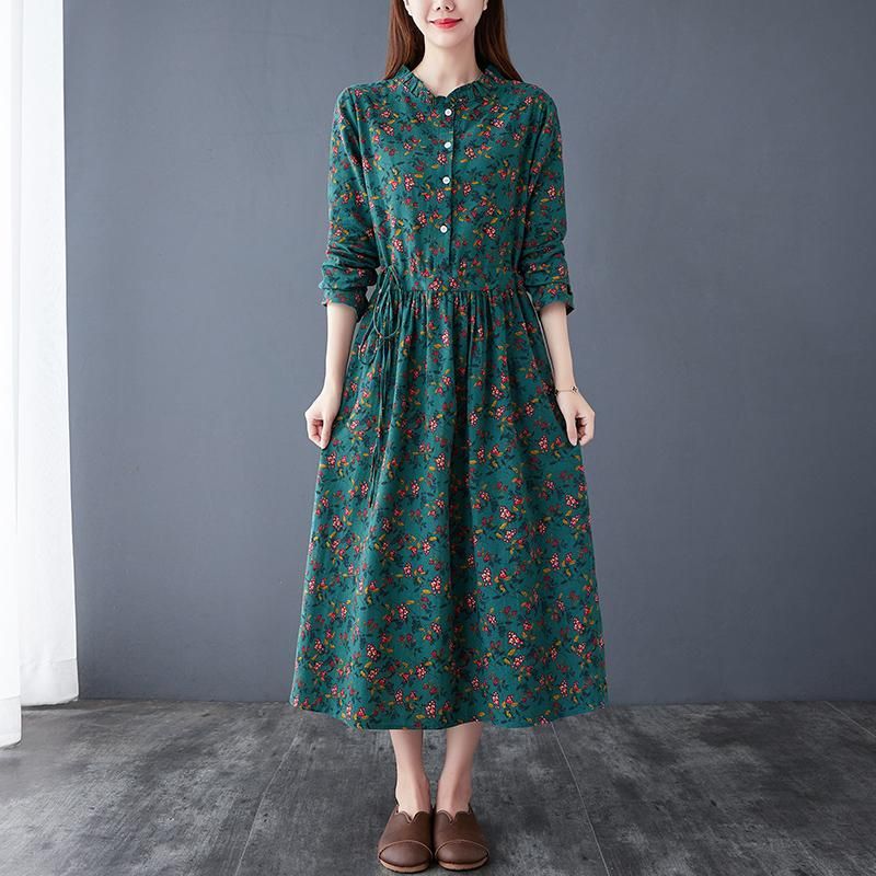 Forår Retro Elegant Floral Bomuld Linned Kjole