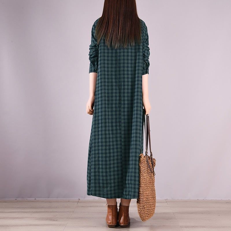 Forår Retro Plaid Broderi Plus Size Bomuldskjole