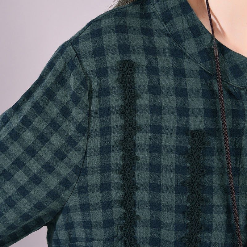 Forår Retro Plaid Broderi Plus Size Bomuldskjole