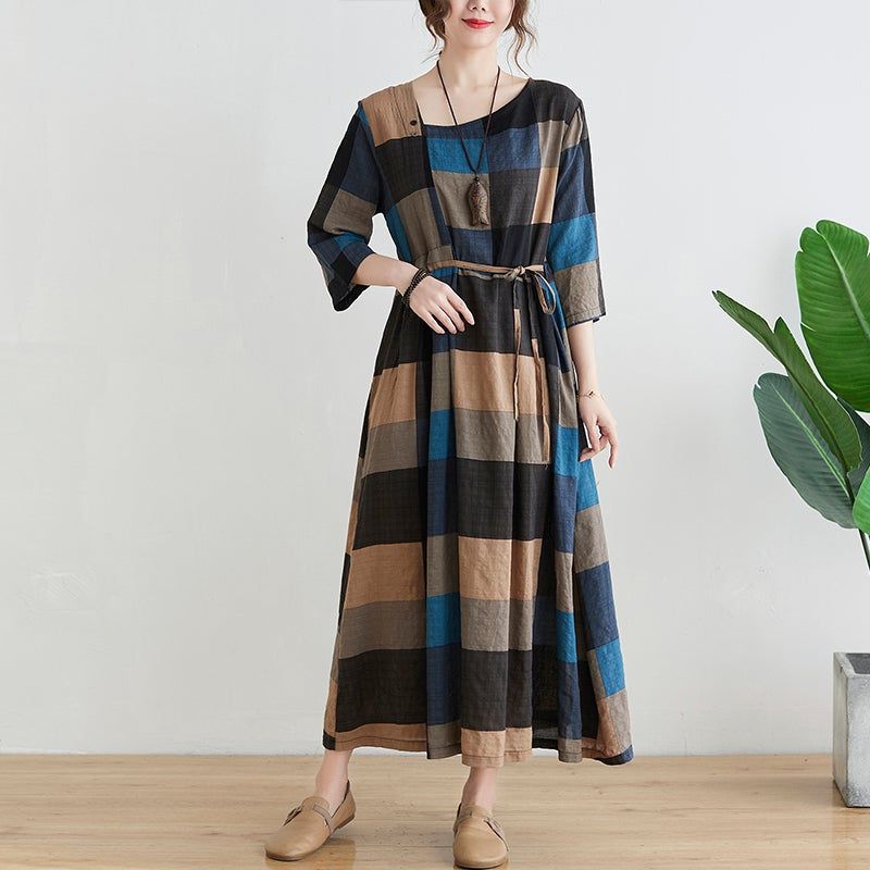 Forår Retro Plaid Plus Size Elegant Kjole