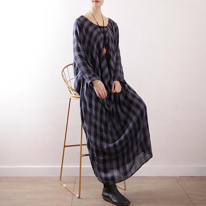 Kvinder Plaid Casual Bomuld Ruched Linen Langærmet Kjole