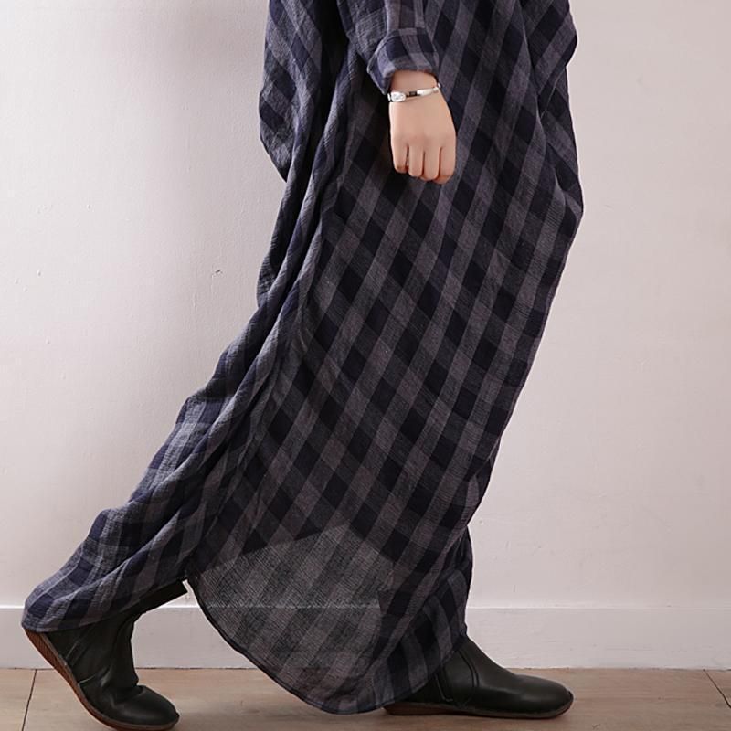 Kvinder Plaid Casual Bomuld Ruched Linen Langærmet Kjole