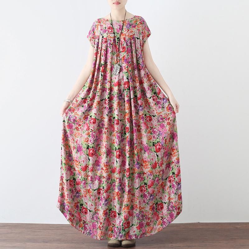 Kvinder Retro Floral Samlet Casual Linned Maxi Kortærmet Kjole