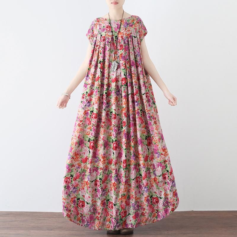 Kvinder Retro Floral Samlet Casual Linned Maxi Kortærmet Kjole