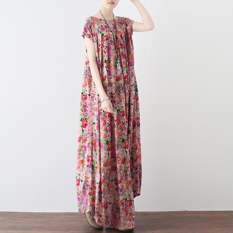 Kvinder Retro Floral Samlet Casual Linned Maxi Kortærmet Kjole