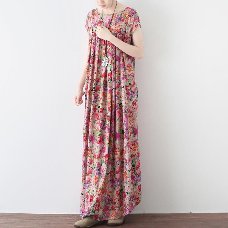 Kvinder Retro Floral Samlet Casual Linned Maxi Kortærmet Kjole